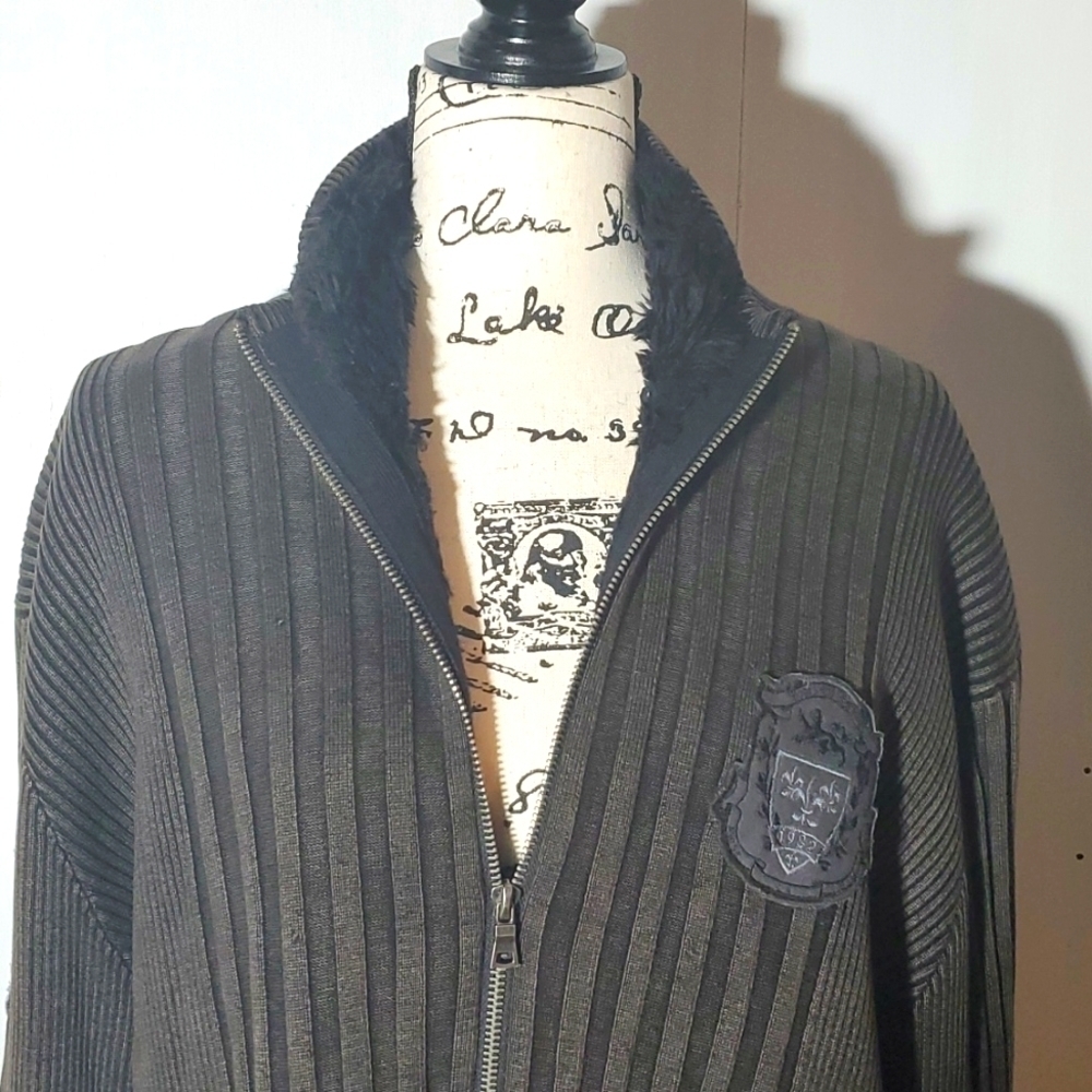 Inc| Mens Dark Gray Sweater Coat Zip Ribbed Neutral Side Pockets Faux Fur SZ.XL